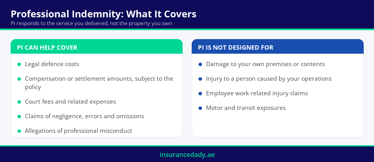 Infographic showing what professional indemnity insurance covers and what it does not