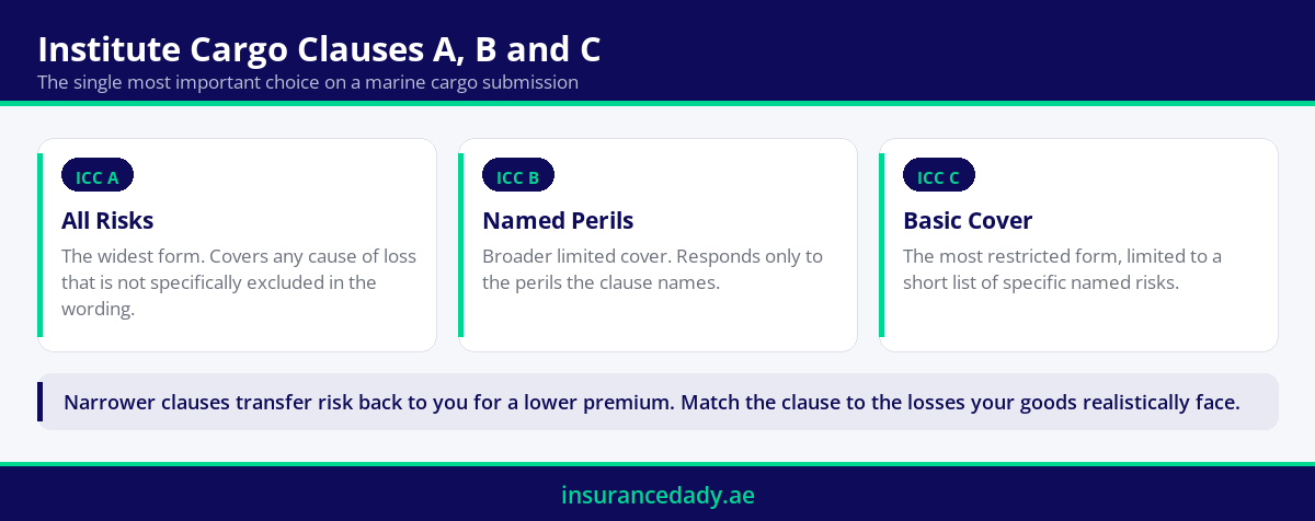 Infographic comparing Institute Cargo Clauses A, B and C for marine cargo insurance cover levels