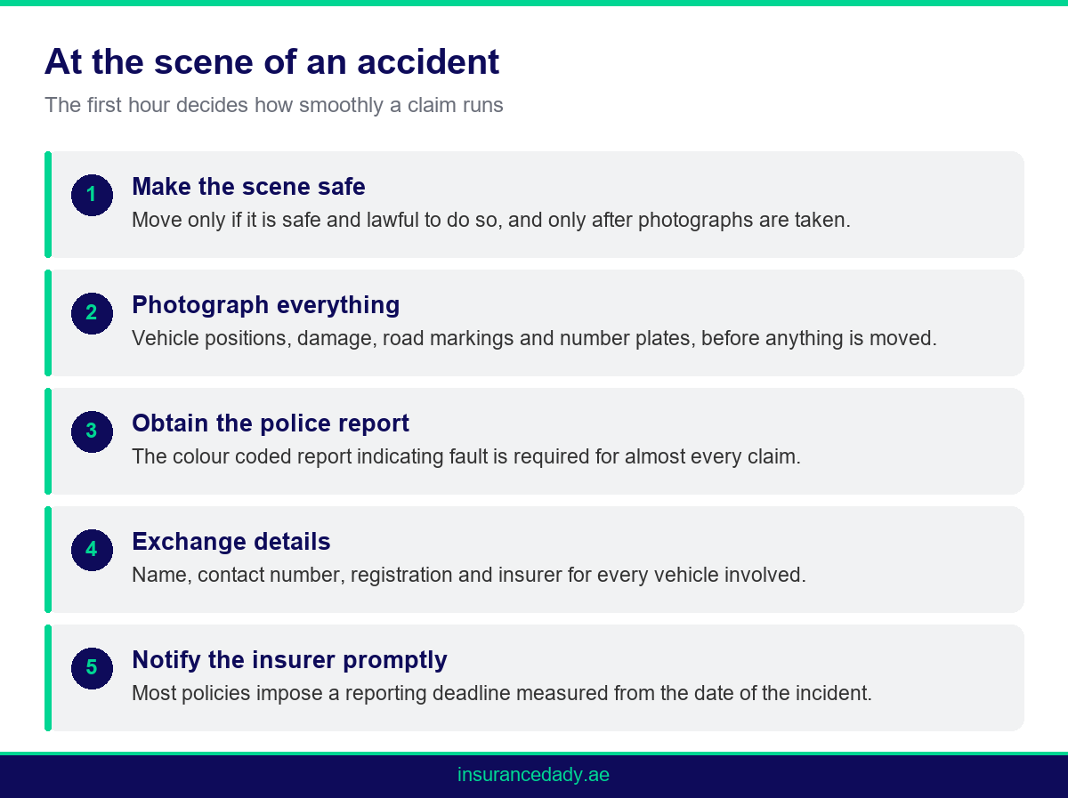 Checklist infographic of steps to take after an accident to support a motor insurance claim