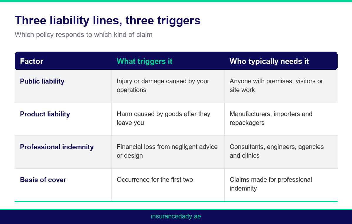 Comparison infographic of public, product and professional liability insurance for businesses