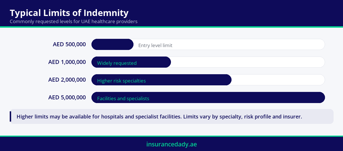 Infographic showing typical medical malpractice limits of indemnity in the UAE from AED 500,000 to AED 5,000,000