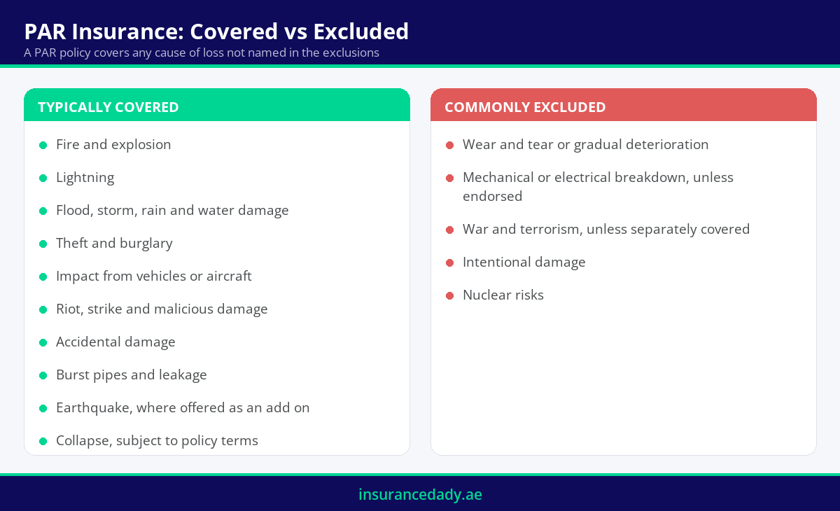 Infographic comparing what PAR insurance typically covers against common PAR policy exclusions