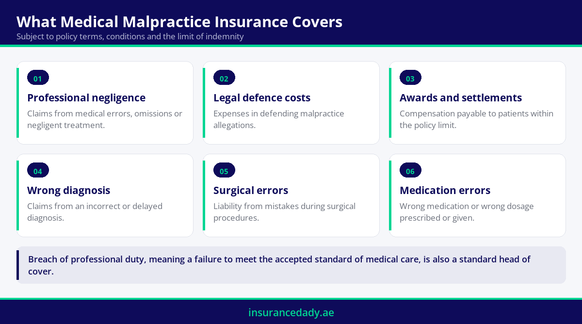 Infographic showing what medical malpractice insurance can help cover for UAE healthcare providers