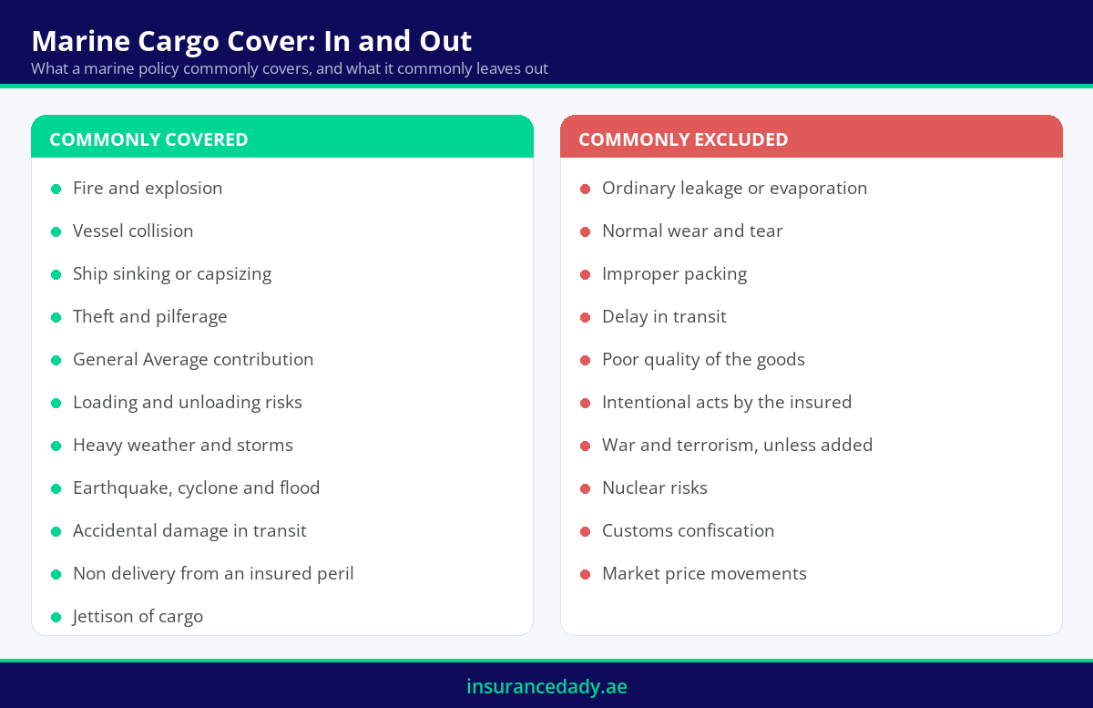 Infographic comparing what a marine insurance policy commonly covers against what it commonly excludes