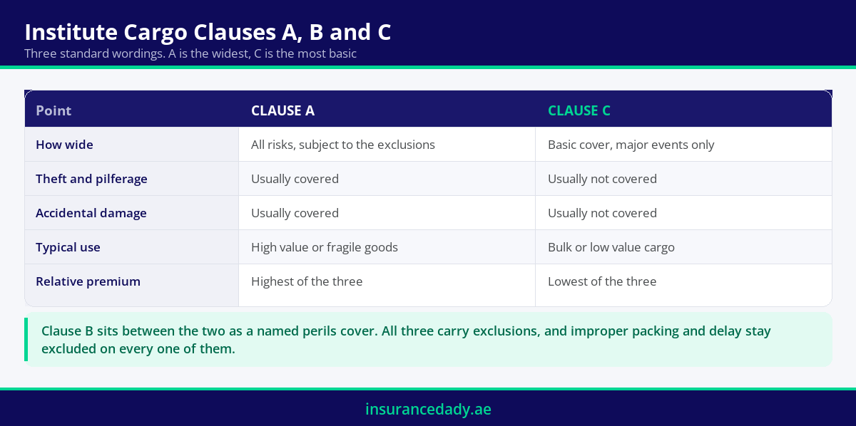 Comparison infographic of Institute Cargo Clauses A, B and C and the level of cover each provides