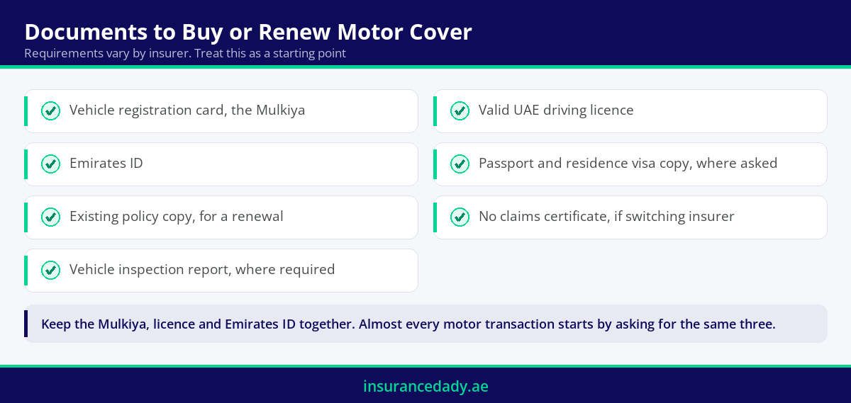 Checklist infographic of the documents needed to buy or renew motor vehicle insurance in the UAE