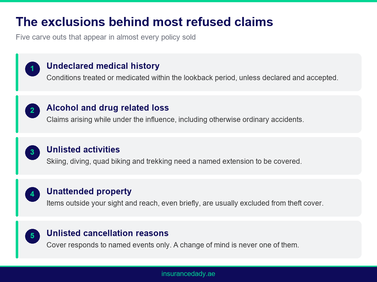 Checklist infographic of the most common travel insurance exclusions found in policies sold to residents