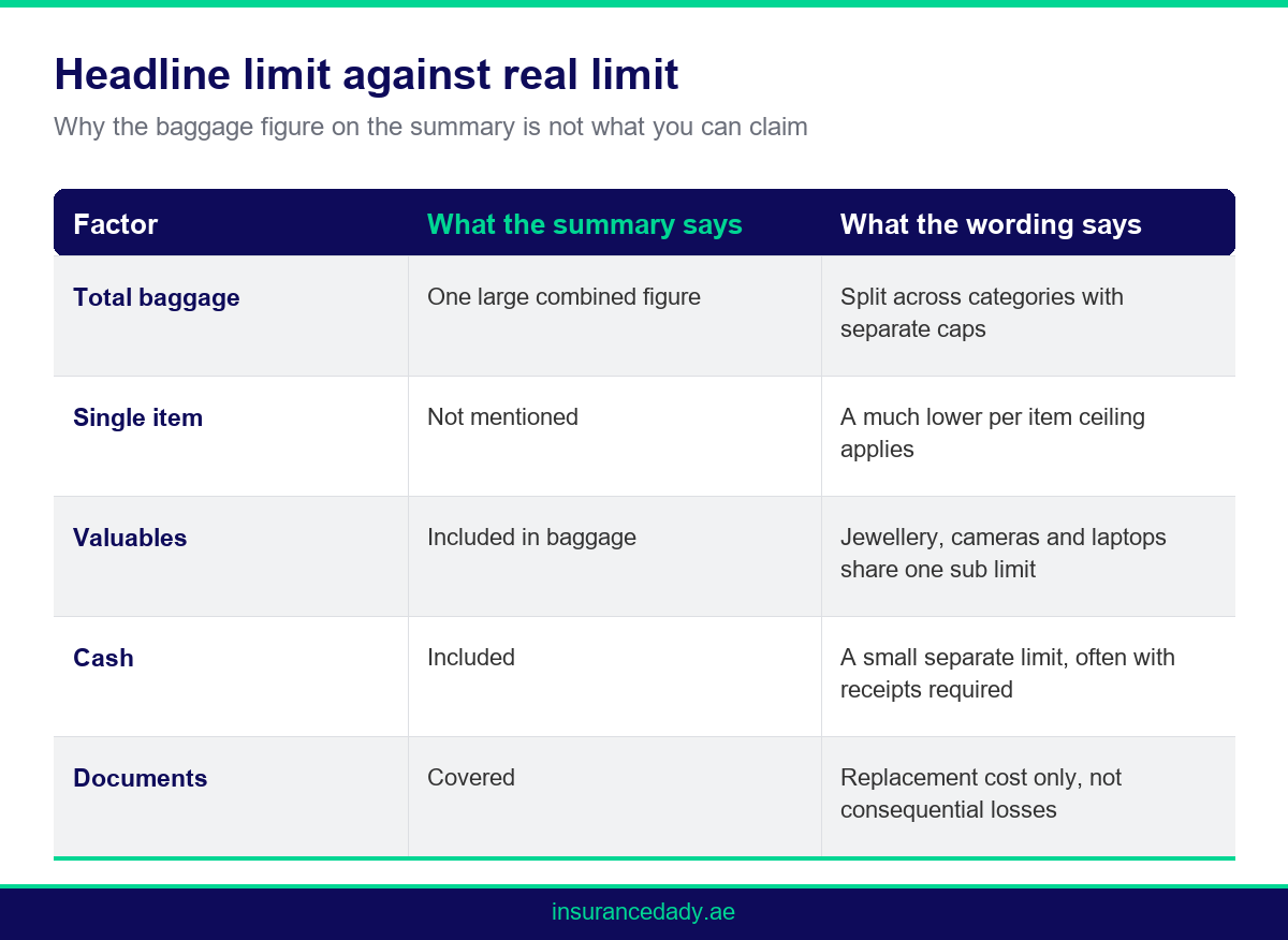 Comparison infographic showing headline and sub limits affecting a baggage claim sharjah travellers might make